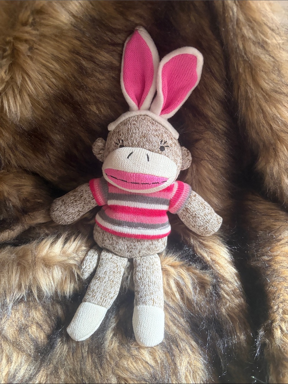 Dan Dee Sock Monkey Easter Bunny W/Ears Plush 12" Pink Sweater Stuffed Animal